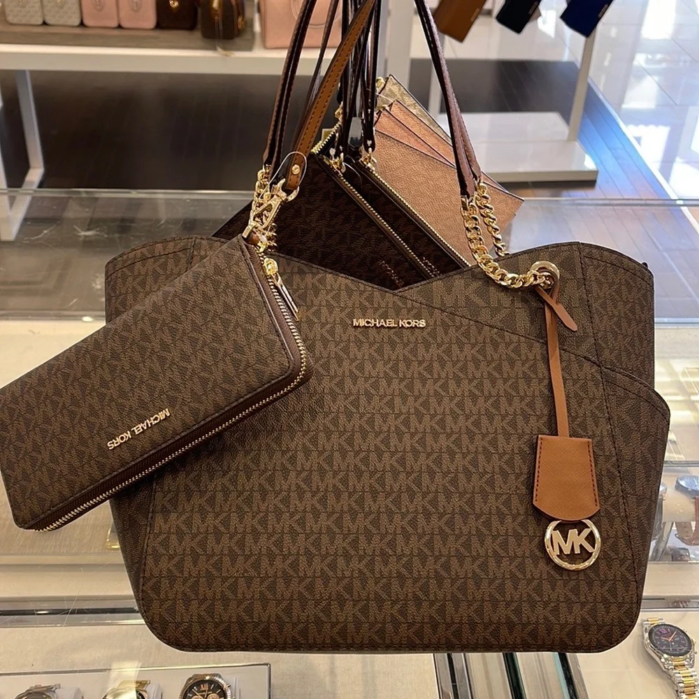 MICHAEL KORS LG X CHAIN SHOULDER TOTE & JST Large Travel CONTINENTAL Wallet - Picture 16 of 16